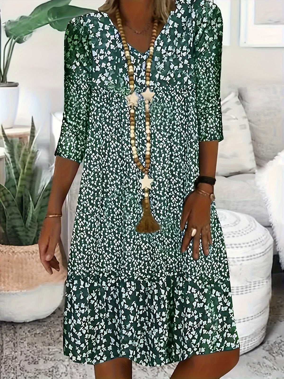 Ditsy Floral Print Dress, Vintage V Neck 3/4 Sleeve Dress