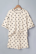 White Polka Dot Short Sleeve Loose Top Drawstring Shorts Set