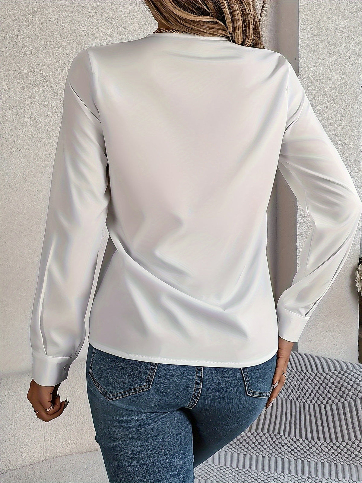 Solid Color V Neck Blouse, Elegant Long Sleeve Blouse