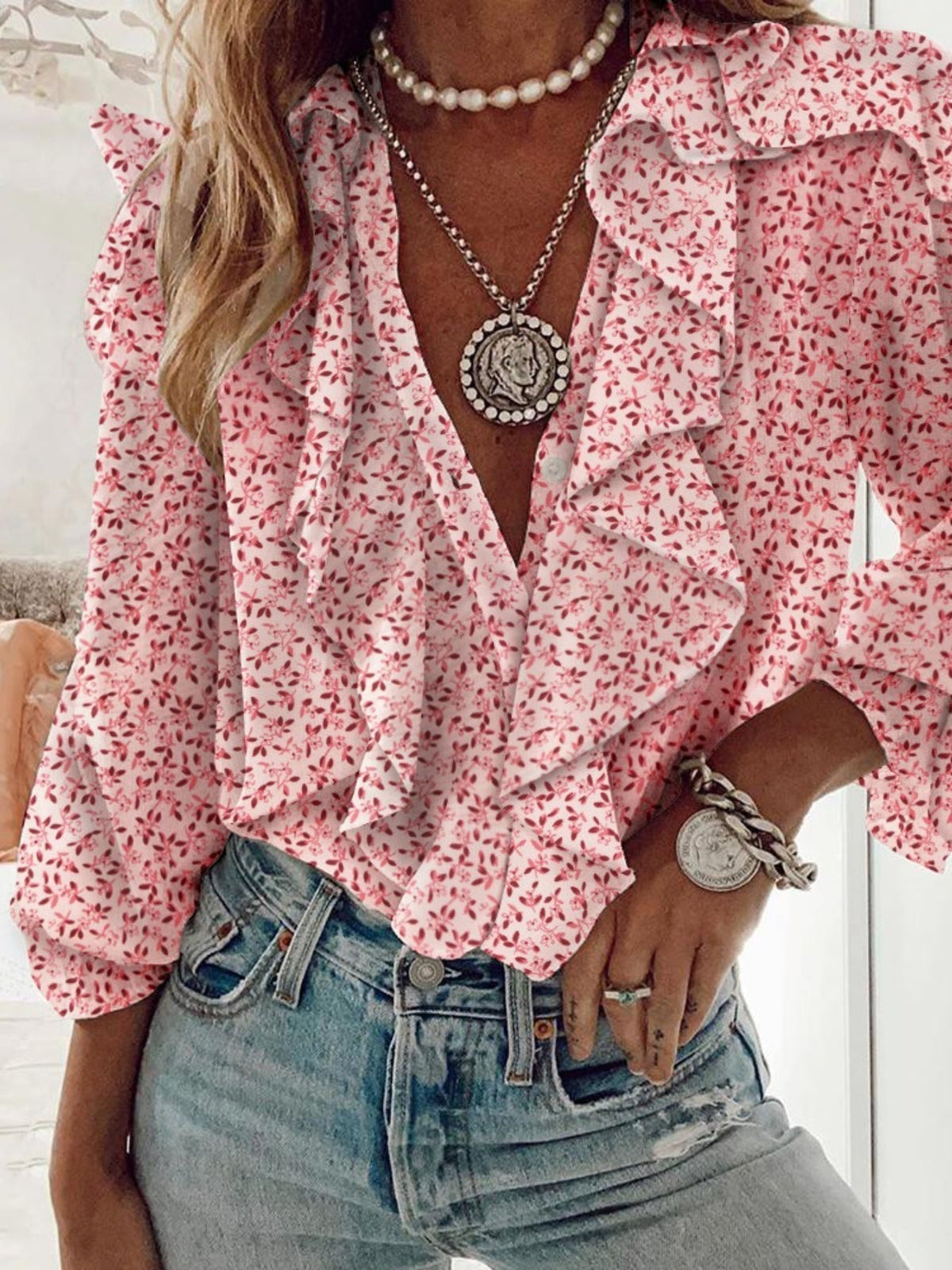 Ruffle Trim Button Front Blouse, Casual Long Sleeve Blouse