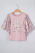 Pink Contrast Floral Patched Flowy Half Sleeve Blouse
