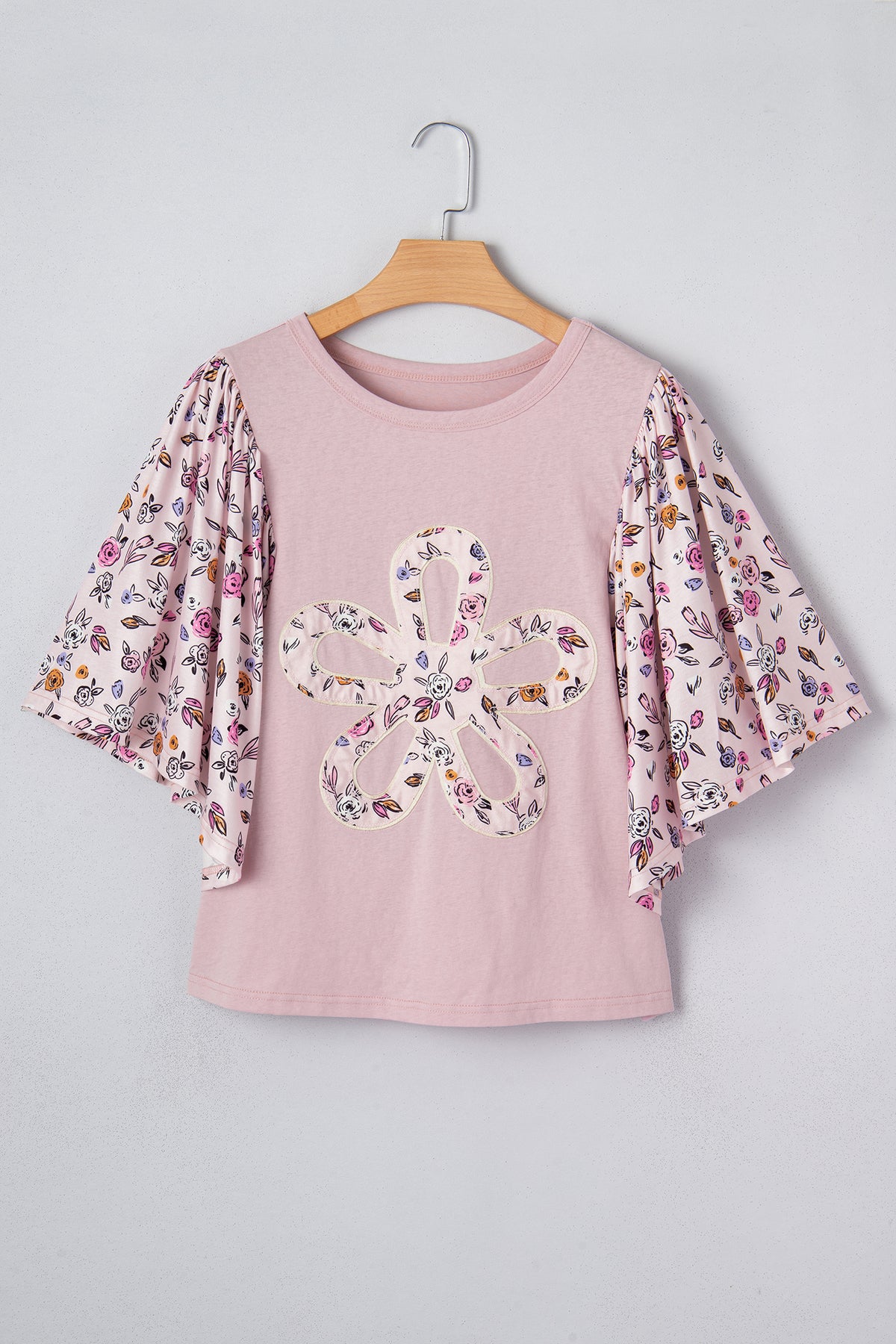 Pink Contrast Floral Patched Flowy Half Sleeve Blouse