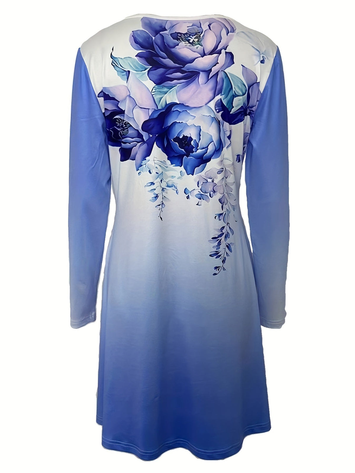 Graphic Print Long Sleeve Dress, Casual Crew Neck Midi Dress