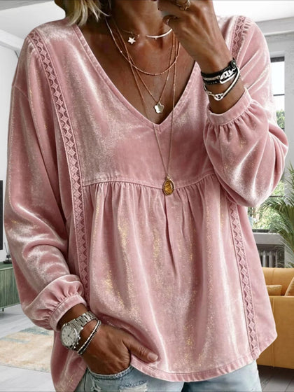 V-Neck Lace Trim Long Sleeve Velvet Blouse