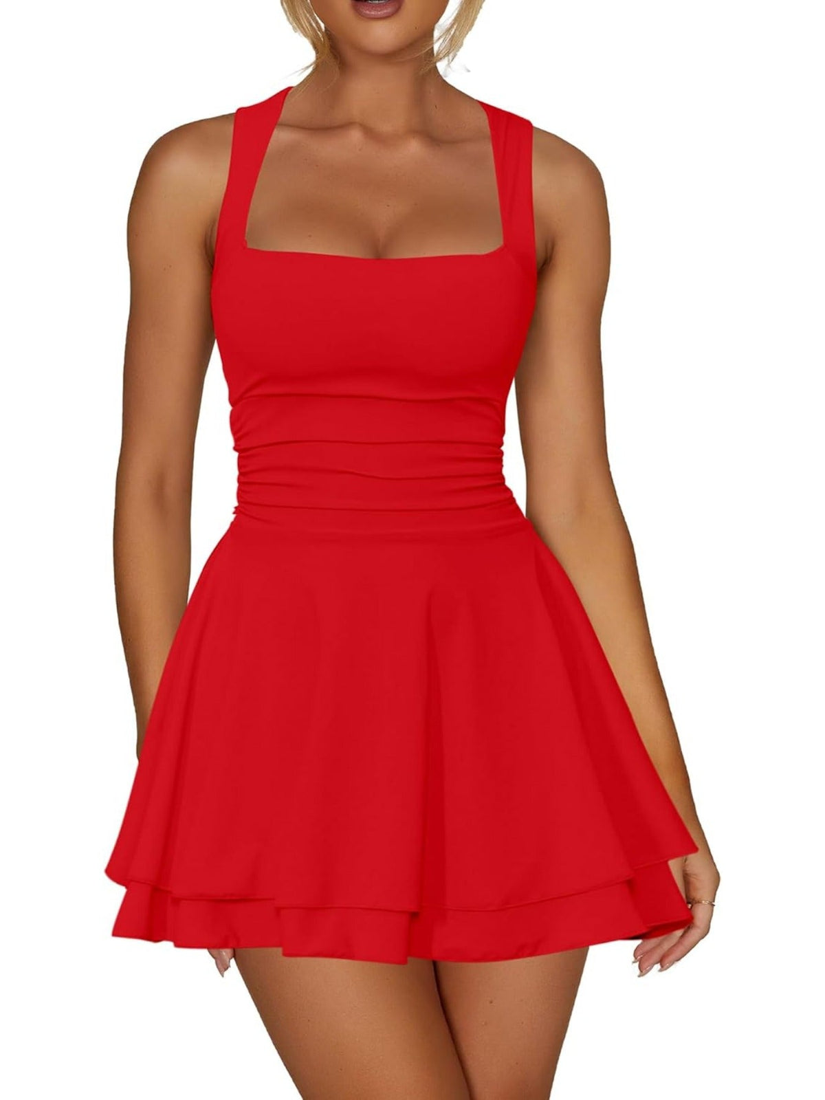 Solid Color Square Neck Ruffle Hem Ruched Waist Mini Dress
