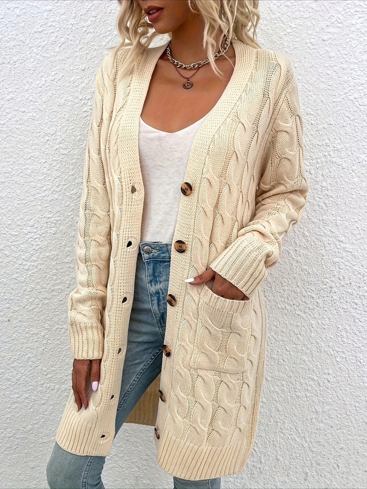 Elegant Long Nylon Soft Warm V-Neck Long Sleeves Sweater with Button Front