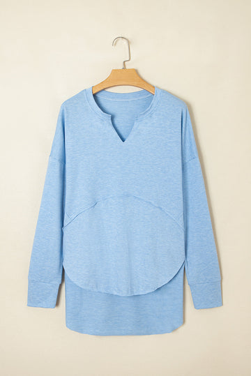 Myosotis Notched Neck Terry Raw Hem Long Sleeve Top