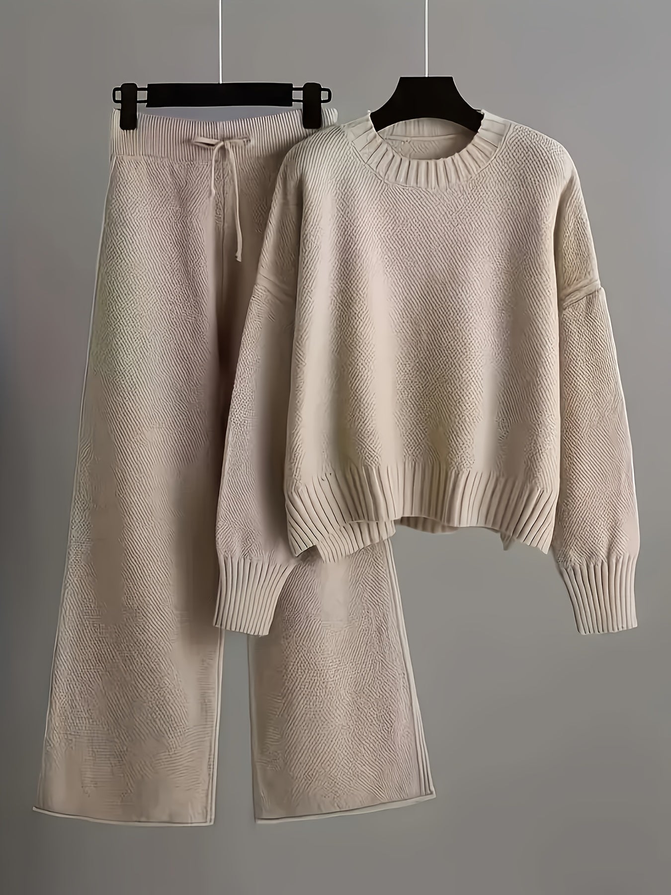 Solid Color Round Neck Sweater & Wide-Leg Pants Two-Piece Set