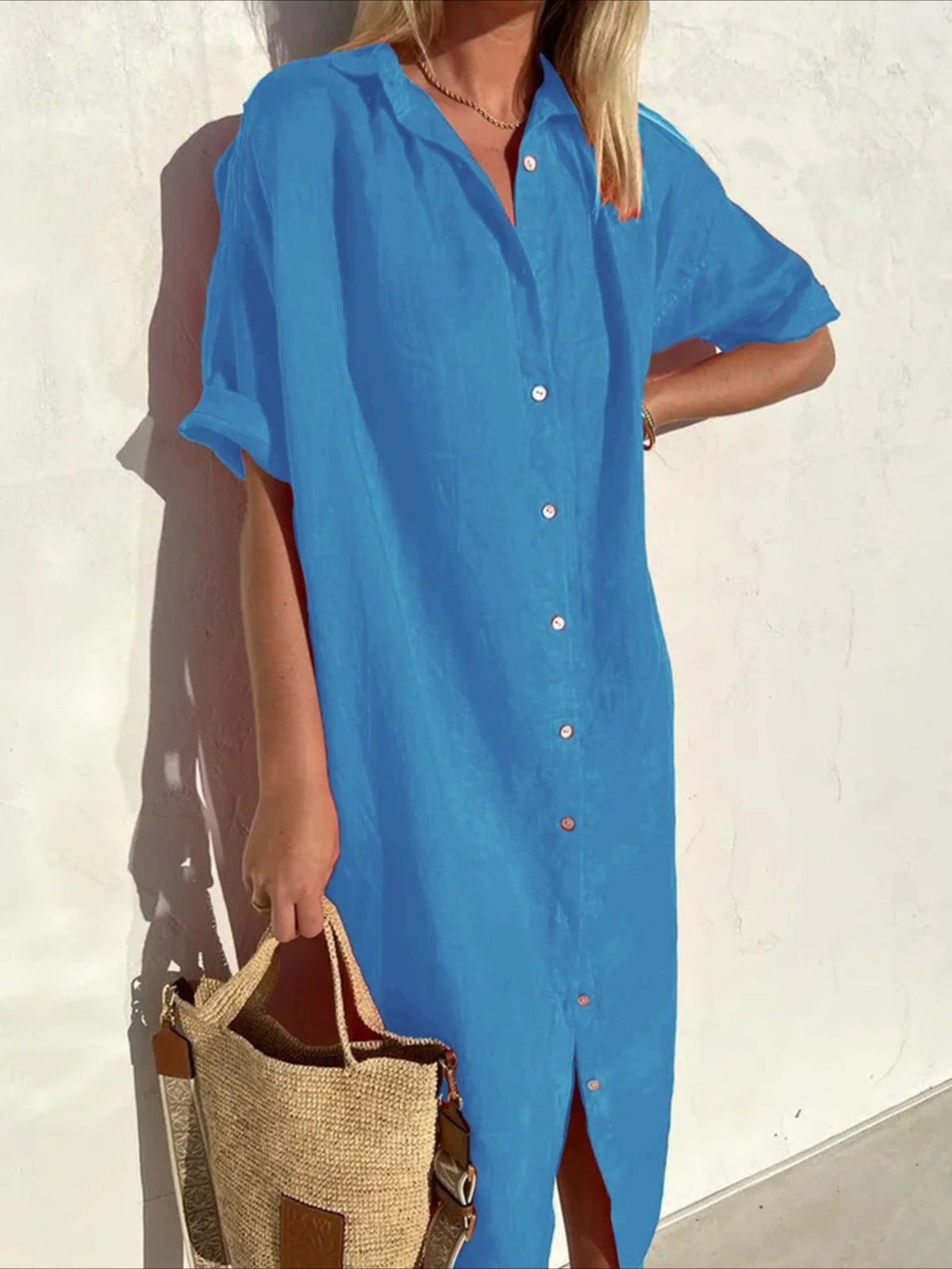 Solid Color Half Sleeve Button Down Maxi Dress