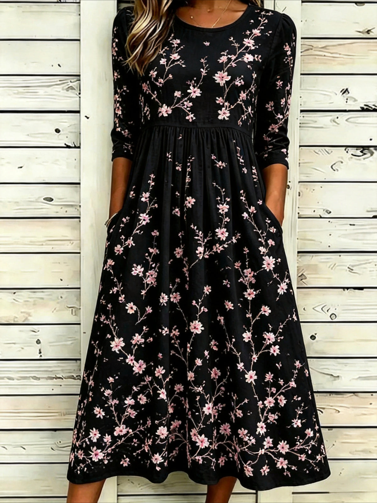 Flower Casual Round Neck Half Sleeve Mid Dress