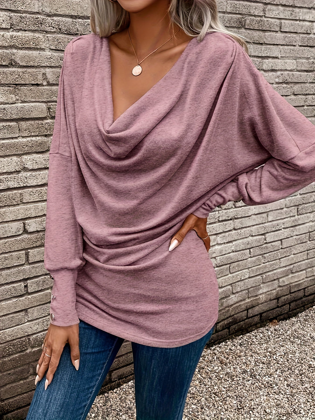 Solid Cowl Neck T-shirt, Casual Long Sleeve Top