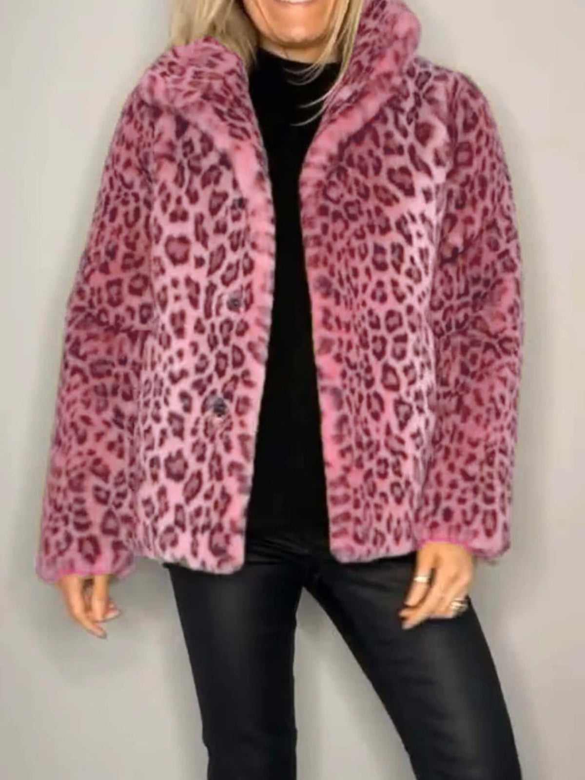 Full Size Leopard Furry Collared Neck Long Sleeve Coat