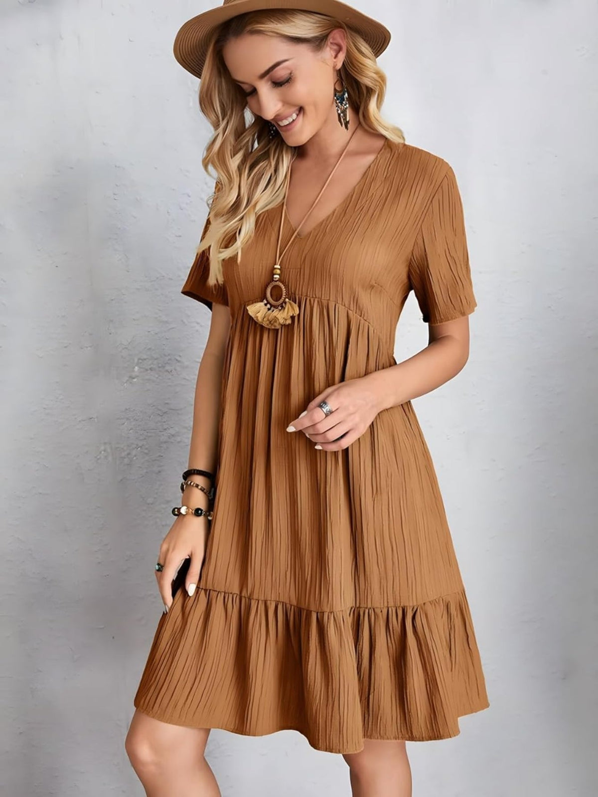 Short Sleeve V Neck Ruffle Mid Dress