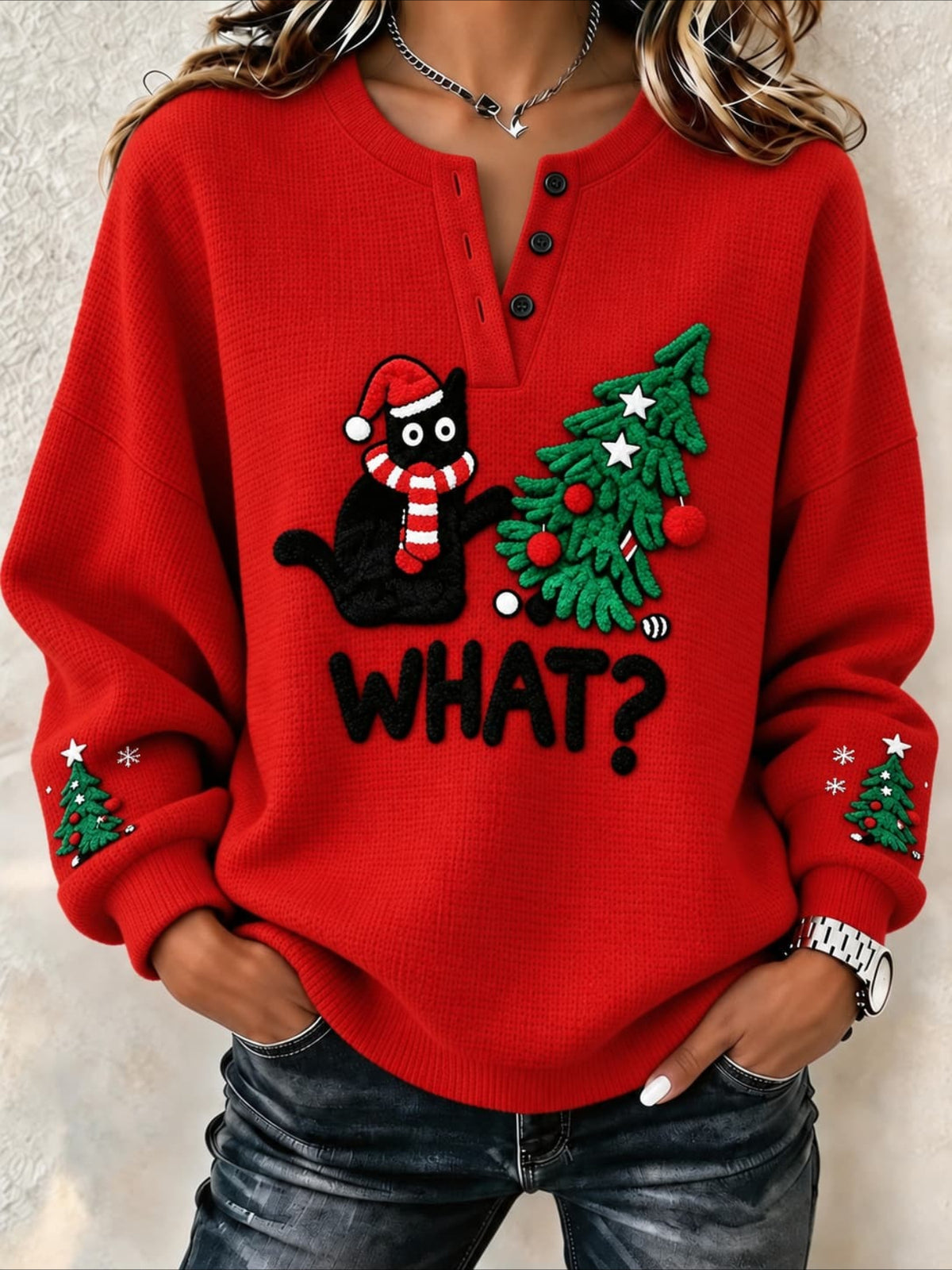 What?” Christmas Cat Textured-Knit Henley Sweatshirt