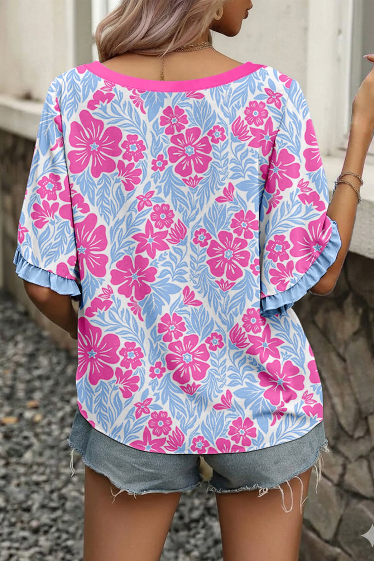Rose Floral Print Ruffled Color Block Trim Half Sleeve Blouse