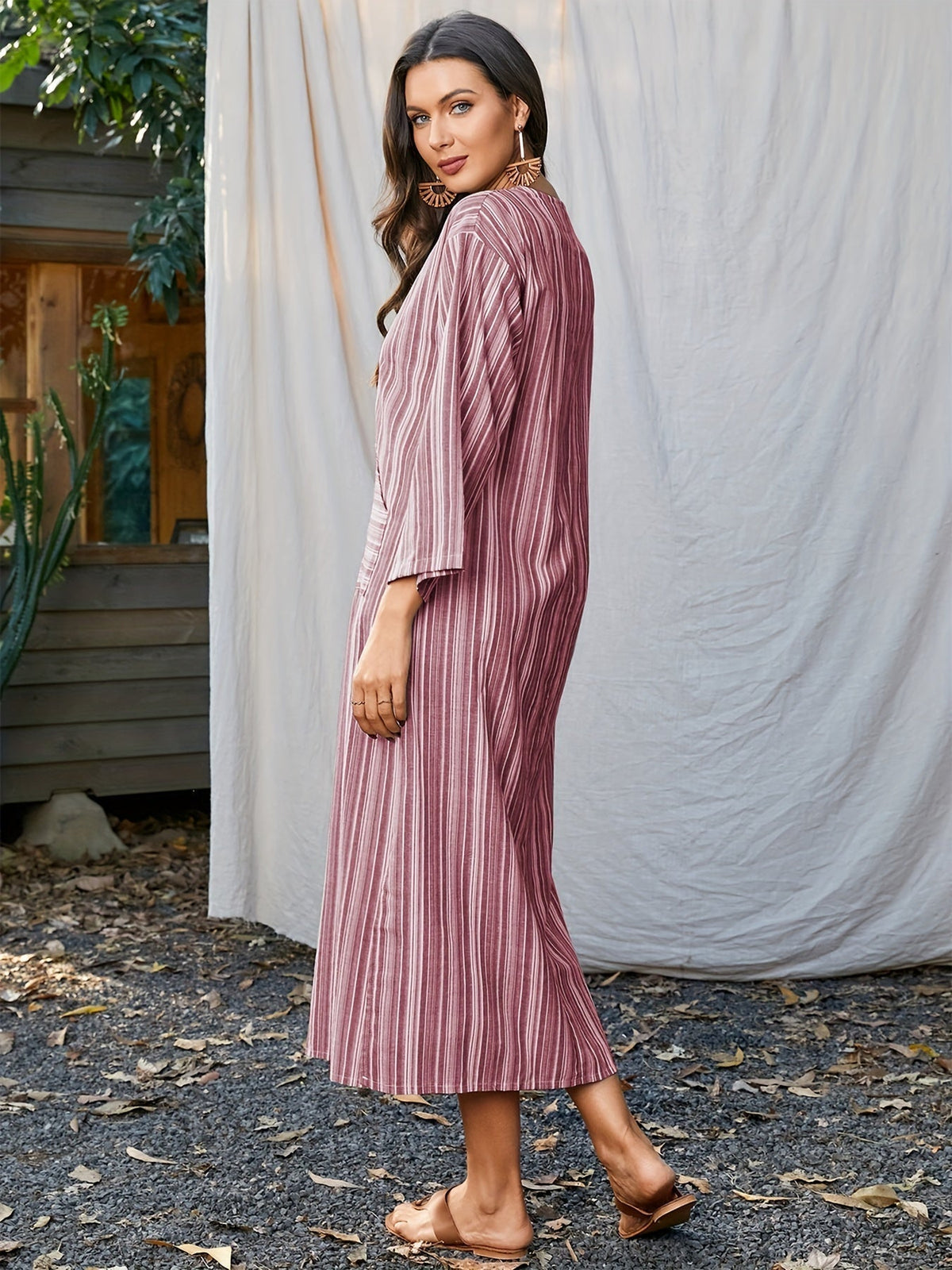 Striped Print Long Sleeve Dress - Relaxed Casual Style with Notch Neck