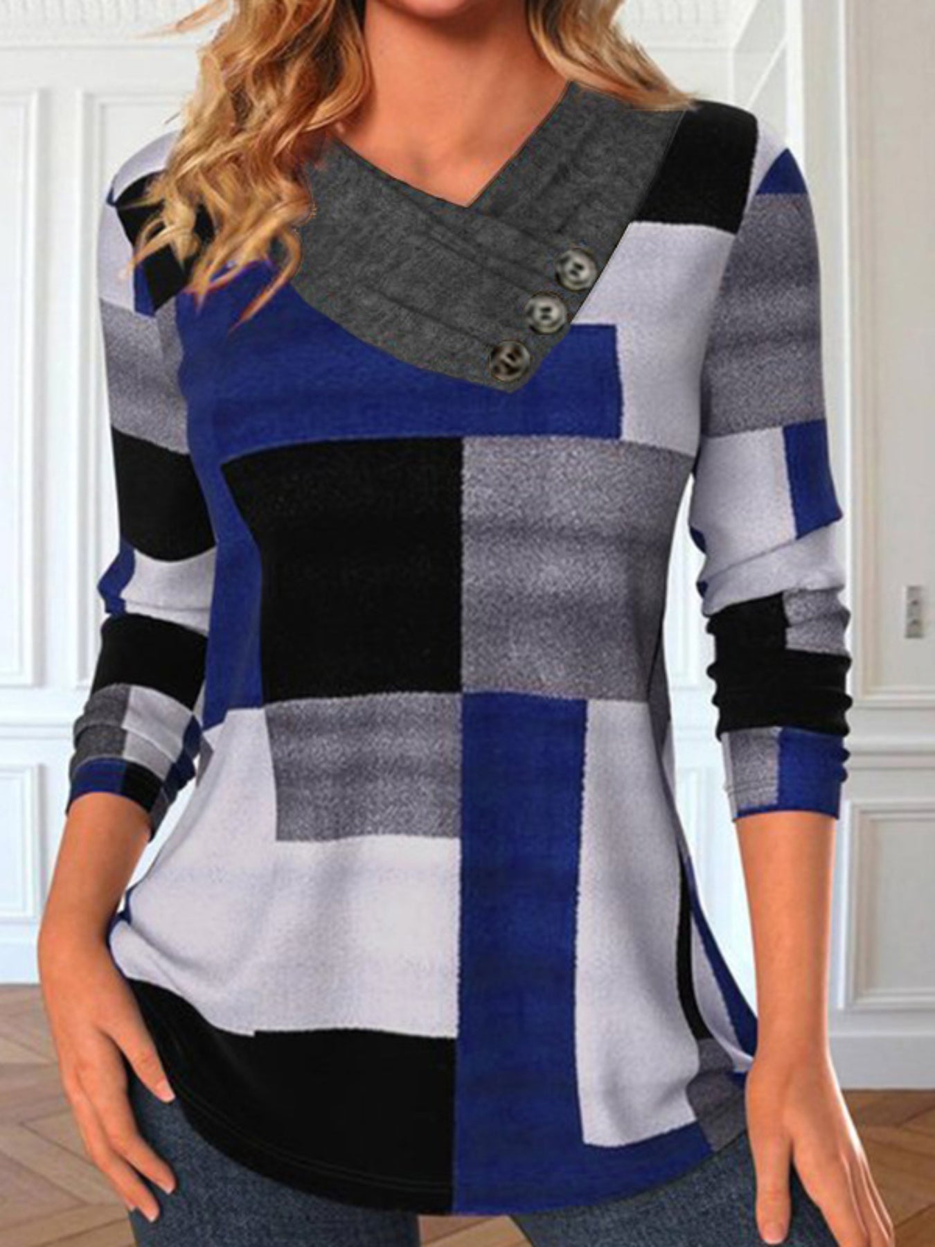 Colorblock Print Ruched T-Shirt, Casual Long Sleeve Top