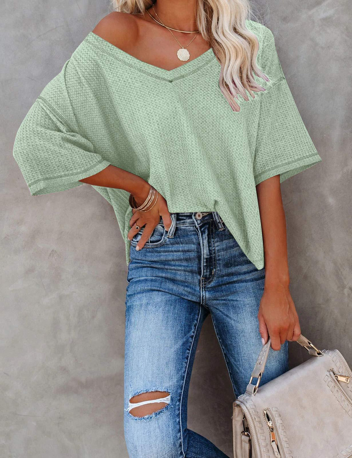 Solid Elegant V Neck T-Shirt, Drop Shoulder Casual Top