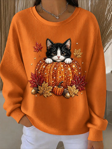 Halloween Printed Crew Neck Floral Long Sleeve Sweater Hoodie
