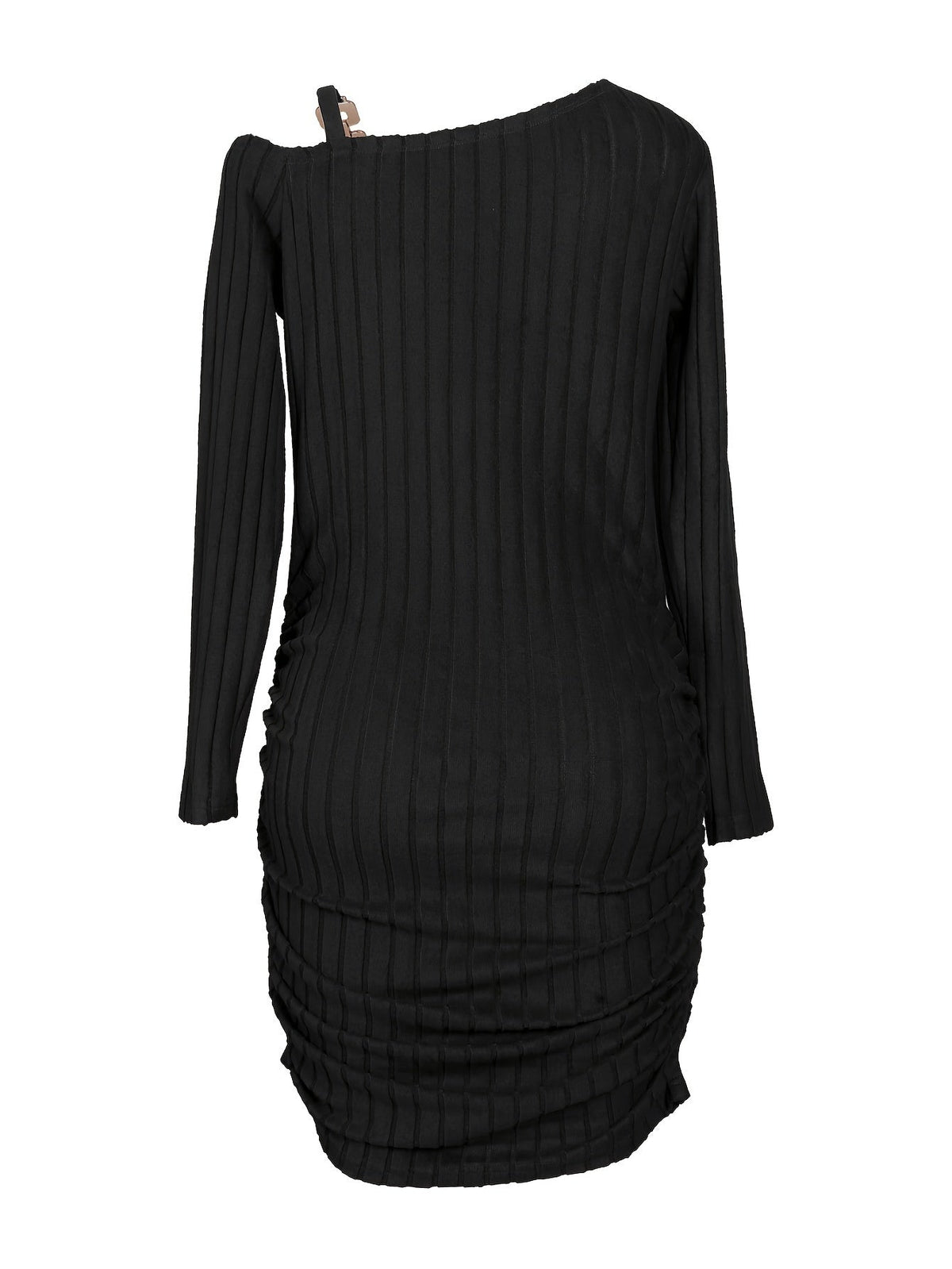 Ribbed Slanted Shoulder Chain Dress, Casual Solid Long Sleeve Bodycon Dress