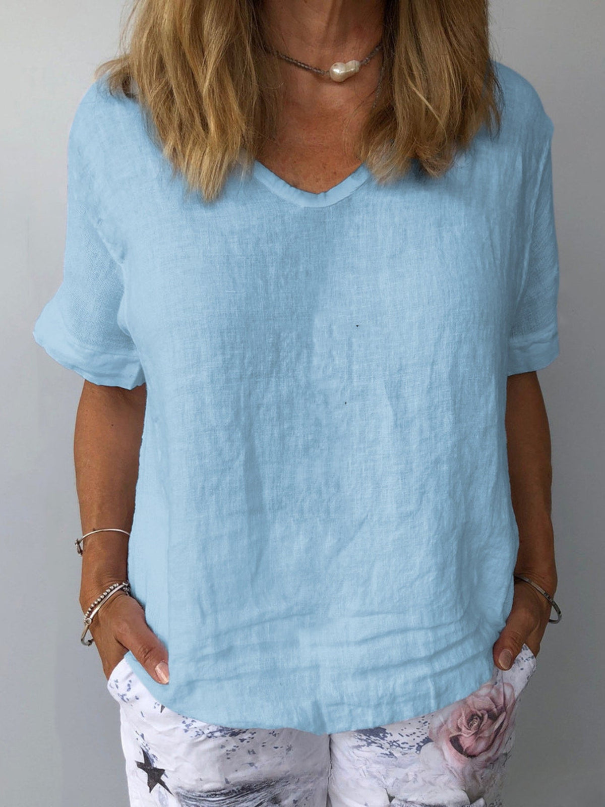 Women's V-Neck Blouse - Comfortable Short Sleeve Top for Casual Wear