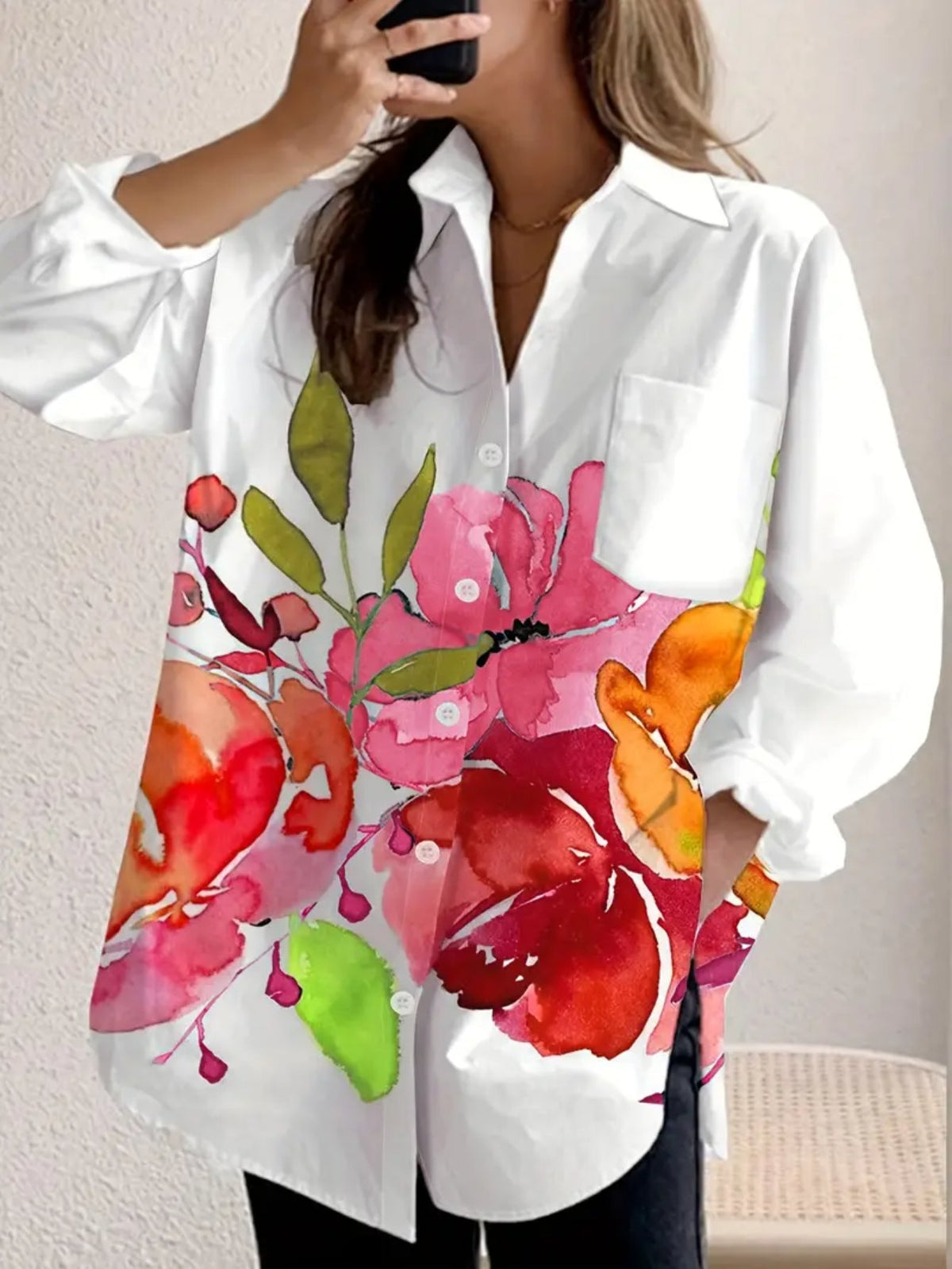 Ink Painting Printed Casual Button-Up Long Sleeve Shirt for Women