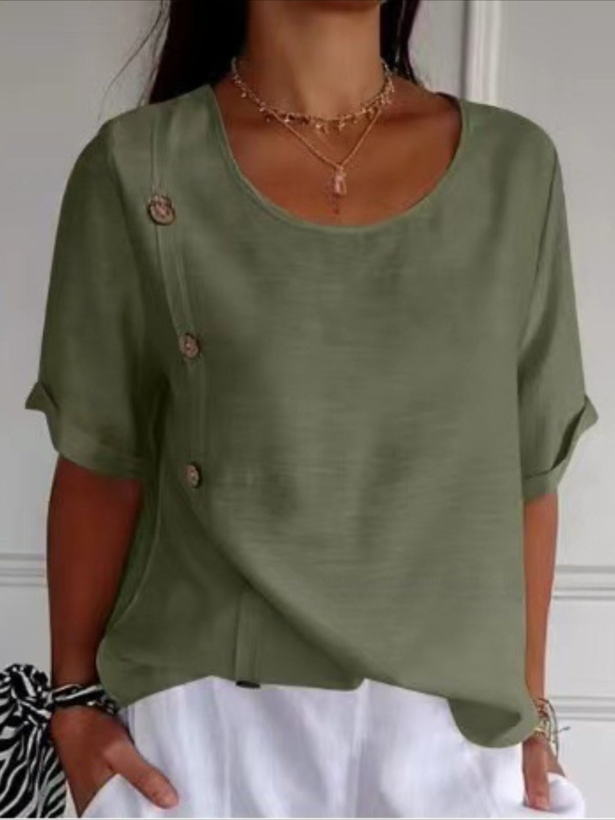 Elegant Solid Color Casual Loose Fit Crew Neck Shirt