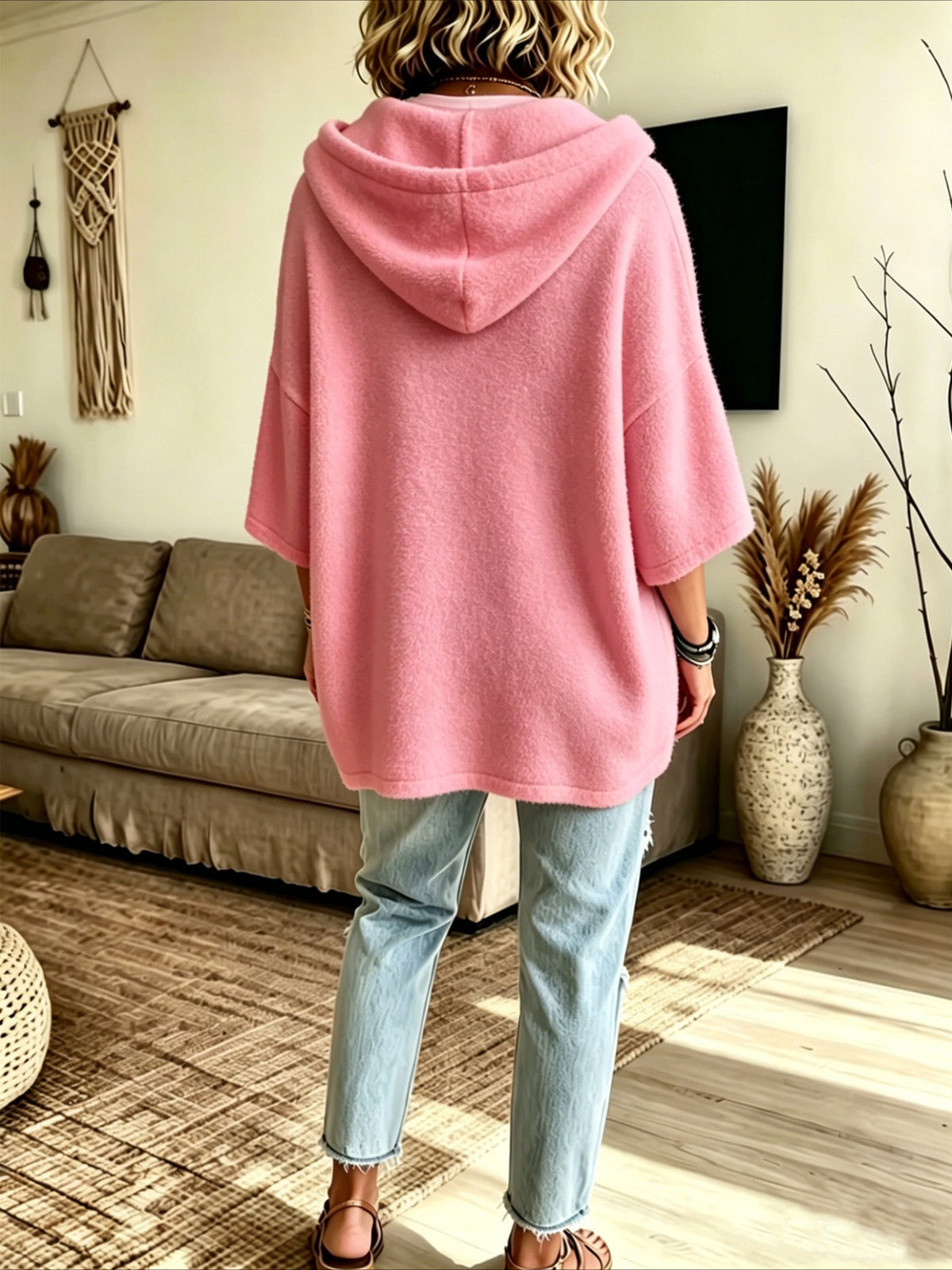 Loose 3/4 Sleeve Hooded Drawstring Bat-sleeved Sweatshirt