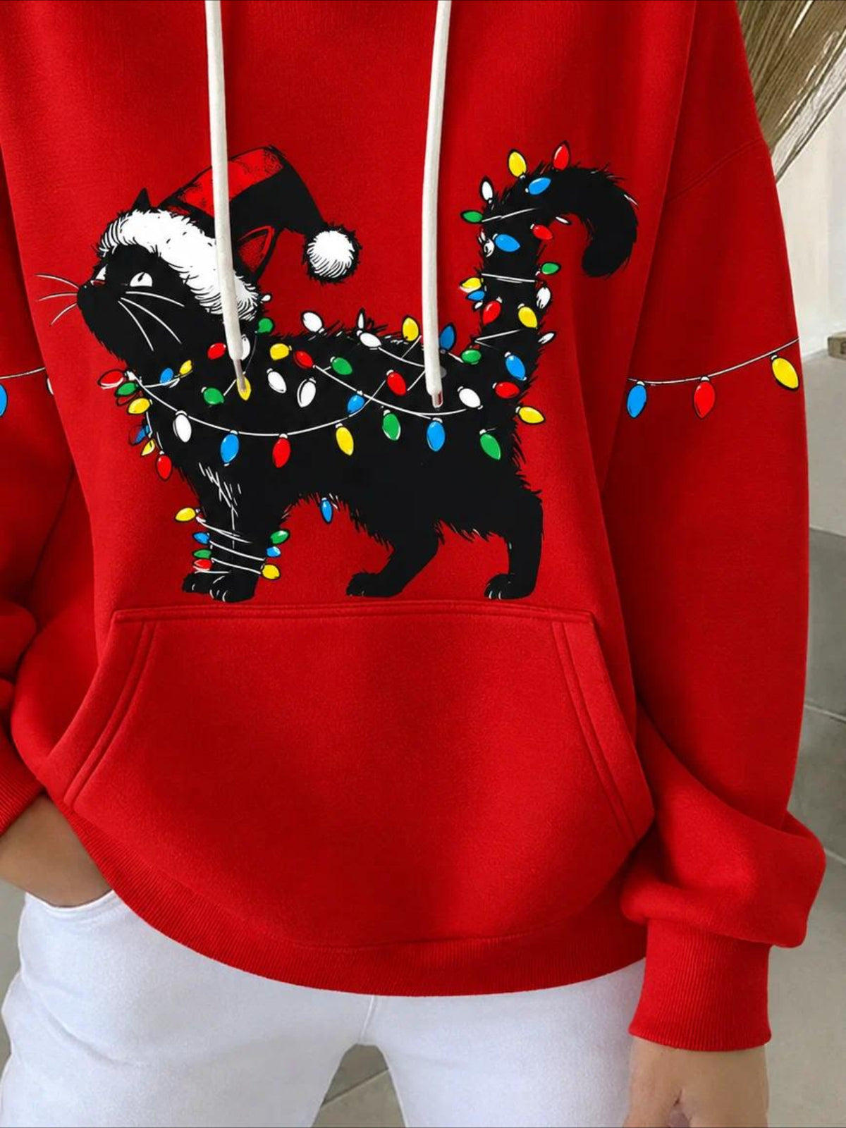 Christmas & Cat Long Sleeve Vintage Spring/Fall Hoodie