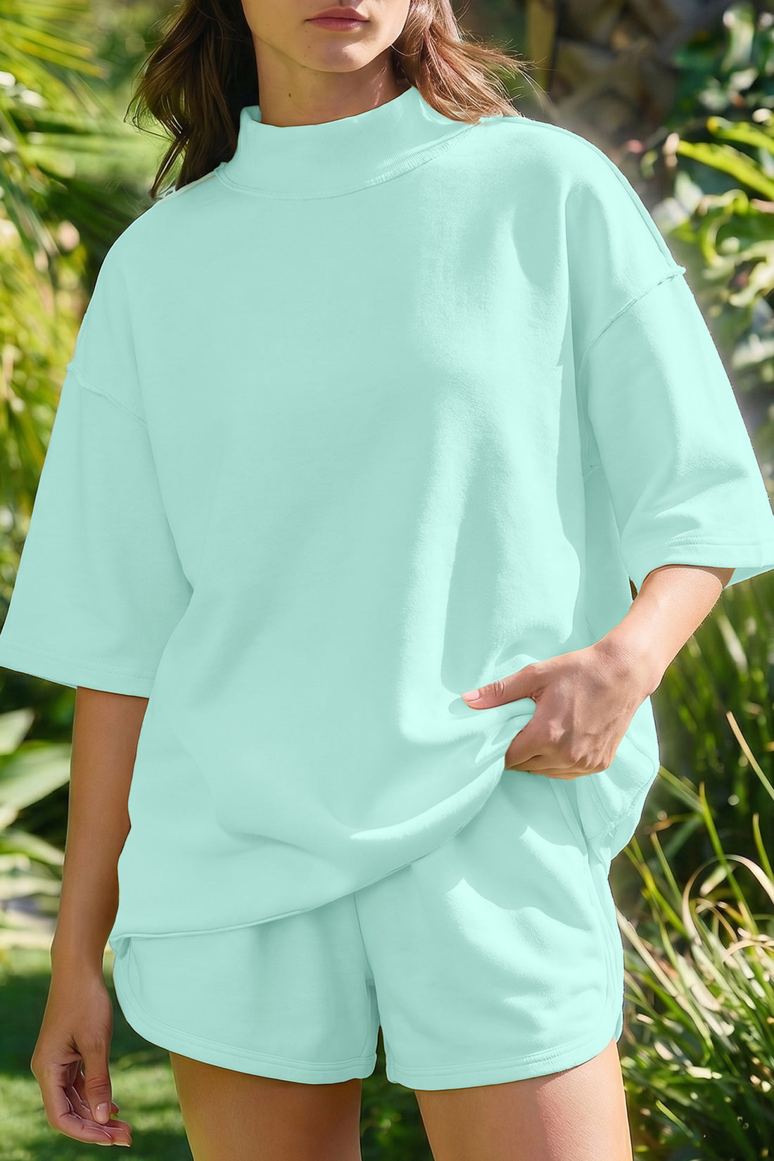 Moonlight Jade Solid Color Exposed Seam Mock Neck Oversize Tee Casual Shorts 2pcs Outfit