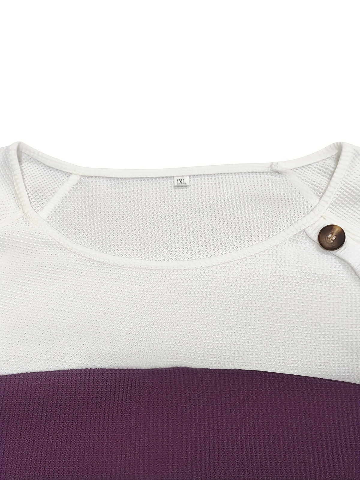 Women's Colorblock Button Decor Waffle Pattern Long Sleeve Round Neck Top