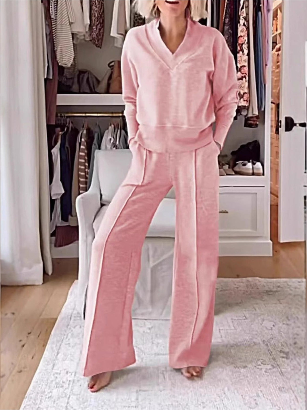 Split Joint Plain Daily Going Out Casual Spring/Fall Top With Pants Matching Two-Piece Set