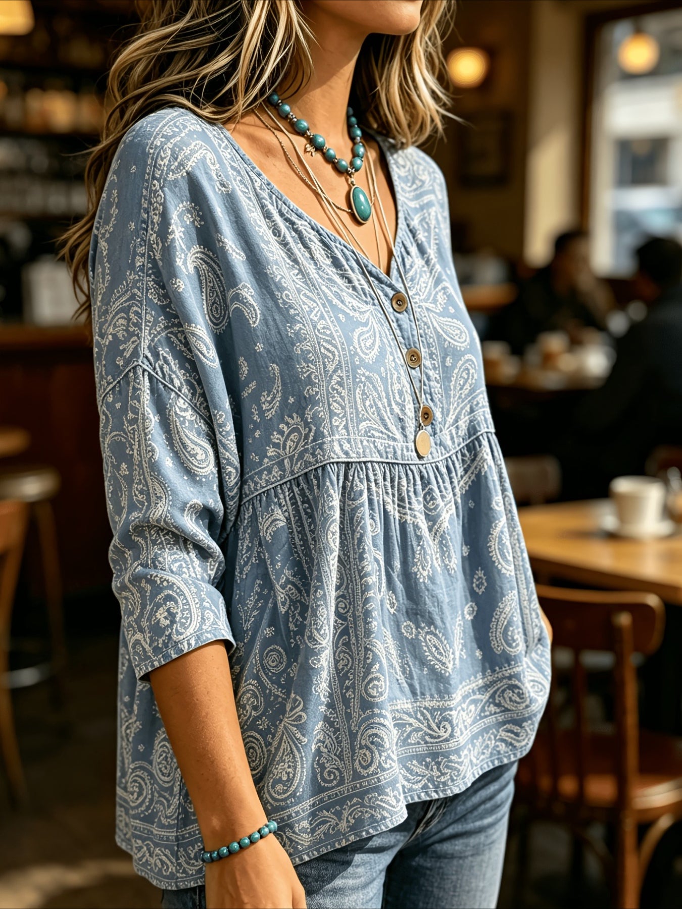 Floral Print 3/4 Sleeve V-Neck Three-Button Front Babydoll Blouse