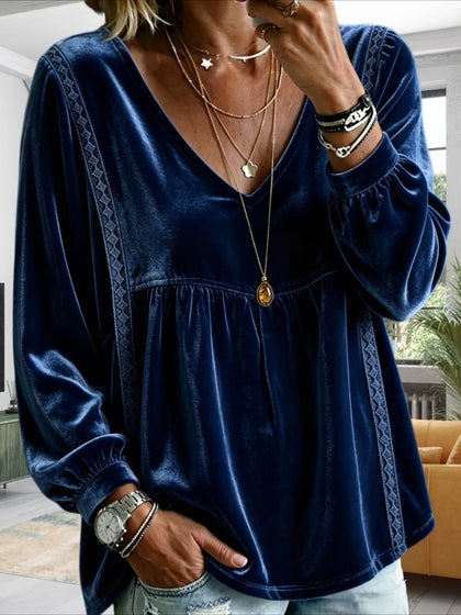 V-Neck Lace Trim Long Sleeve Velvet Blouse