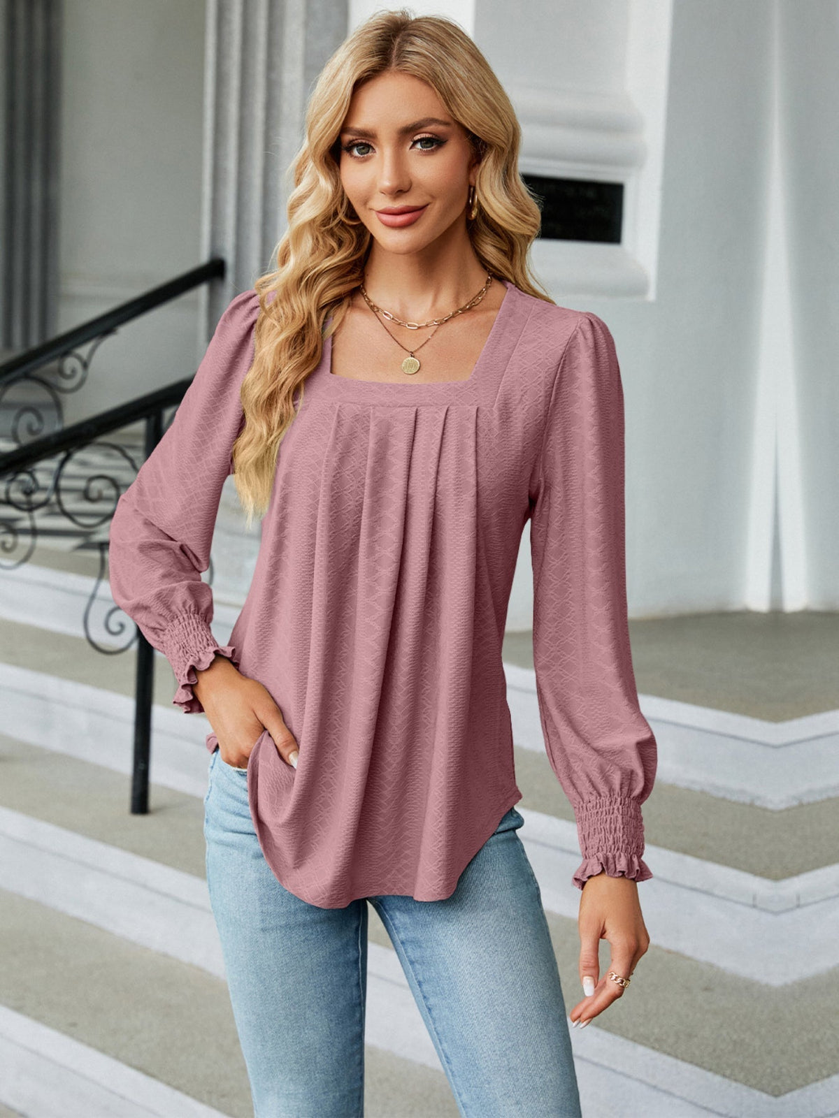Elegant T-shirt, Women's  Argyle Textured Shirred Lantern Sleeve Square Neck Ruched Top