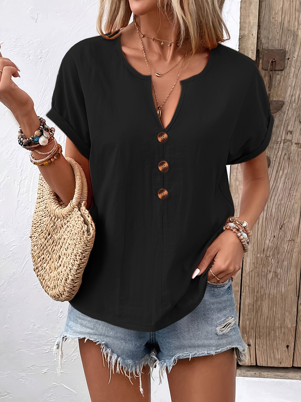 Elegant V-Neck Short Sleeve Button Detail Blouse