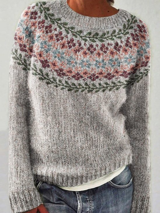 Elegant Color-Block Round Neck Long Sleeve Pullover Sweater