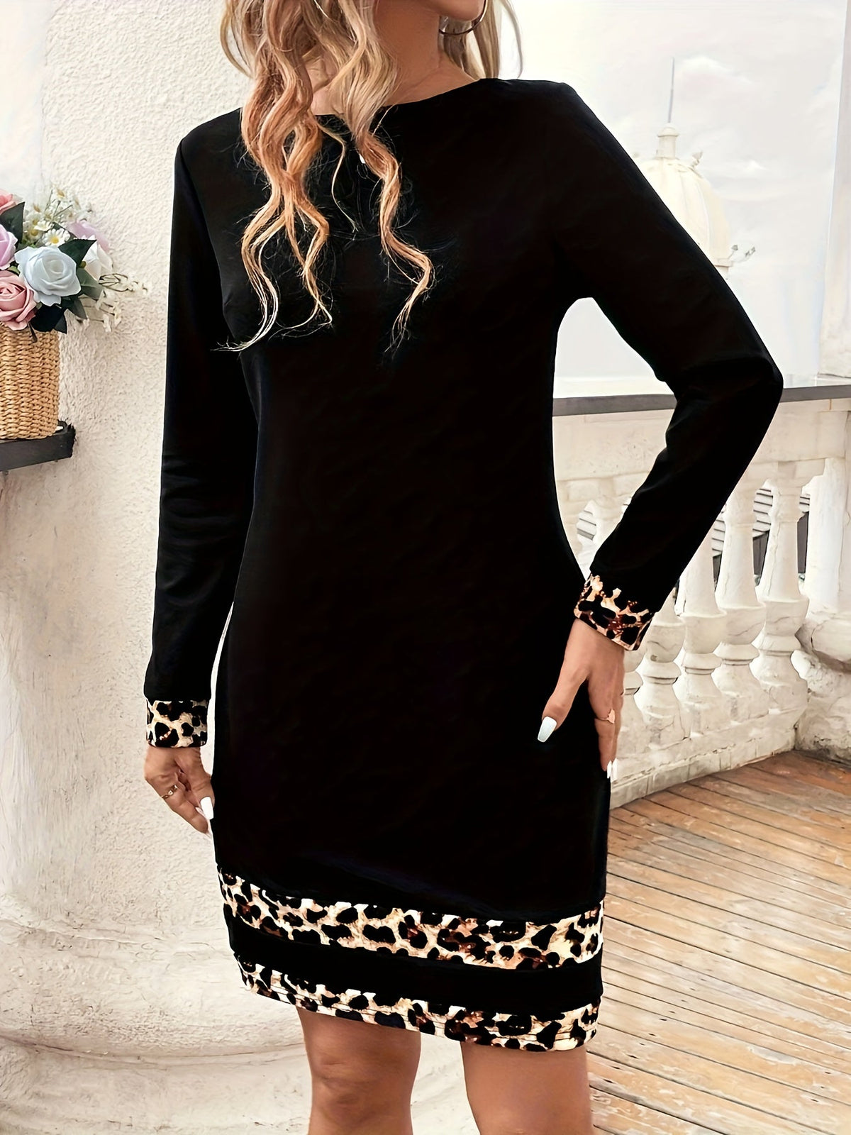 Elegant Leopard Print Panel Long Sleeve Dress - Crew Neck, Stretchy Polyester Blend