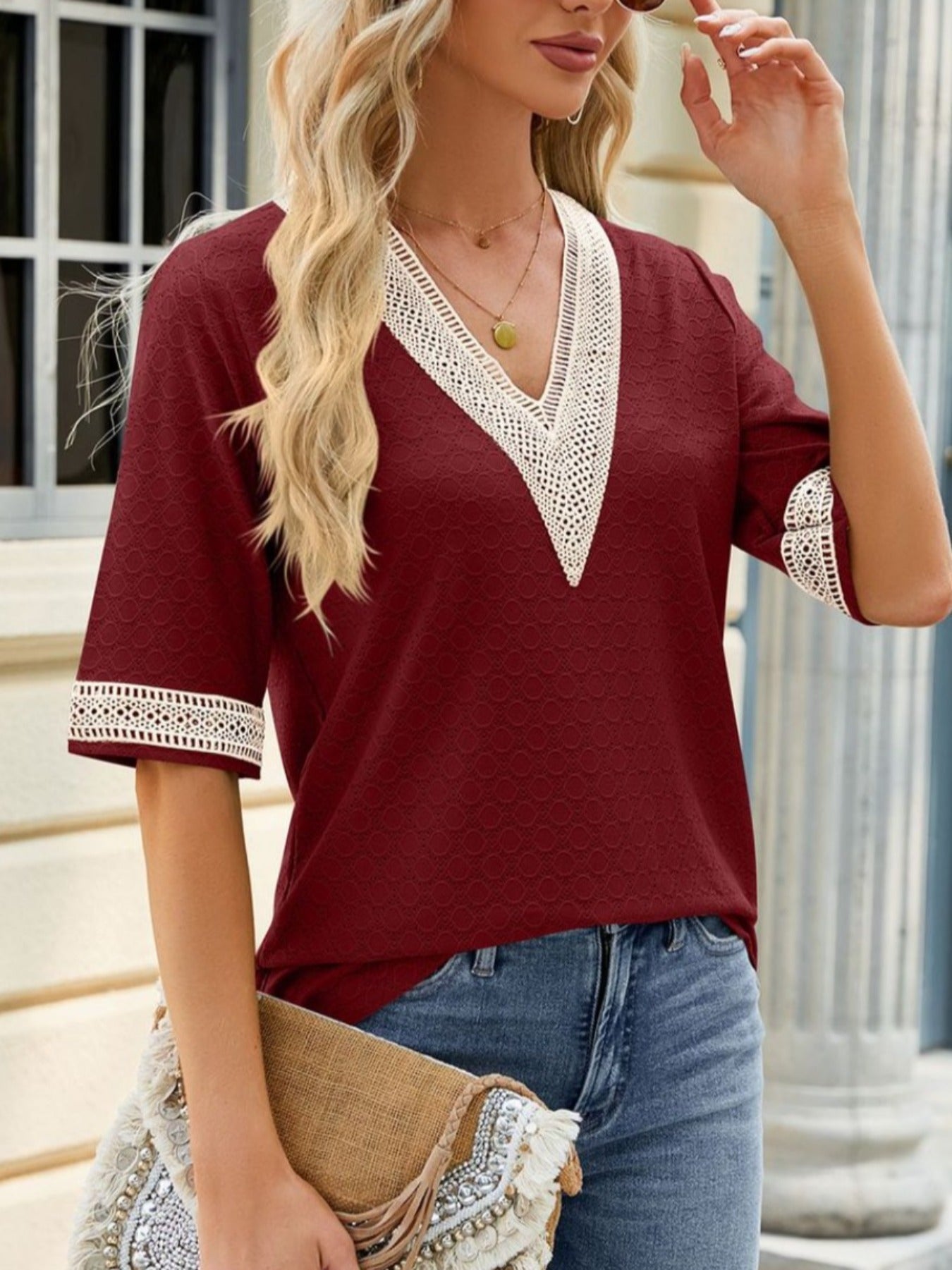 Guipure Lace V-neck Eyelet T-Shirt, Vintage Half Sleeve Loose T-Shirt
