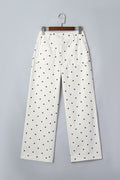 White Polka Dot Print Scalloped Patch Pocket Cotton Shift Pants