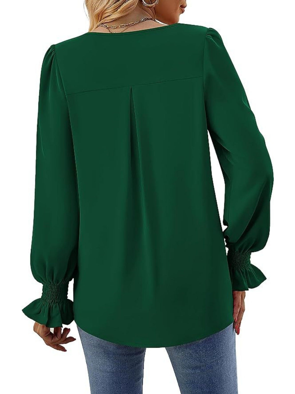 Solid V Neck Simple Blouse, Elegant Long Sleeve Ruched Blouse