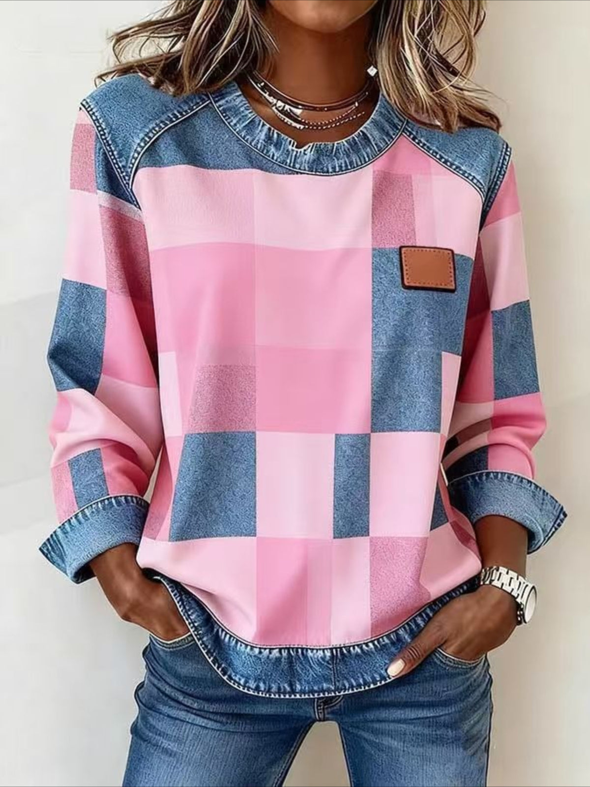 Plaid Vintage Stylish Long Sleeve Crew Neck Regular Tops