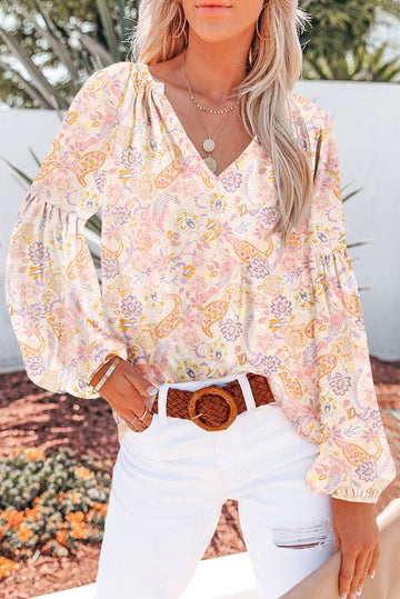 Golden Apricot Floral Print V Neck Long Puff Sleeve Top