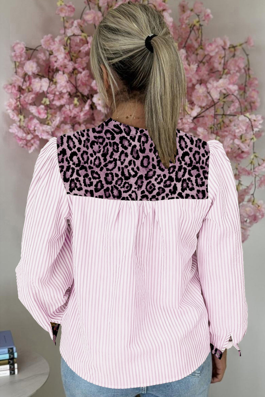 Pink Stripe Leopard Patchwork Long Sleeve Shirt