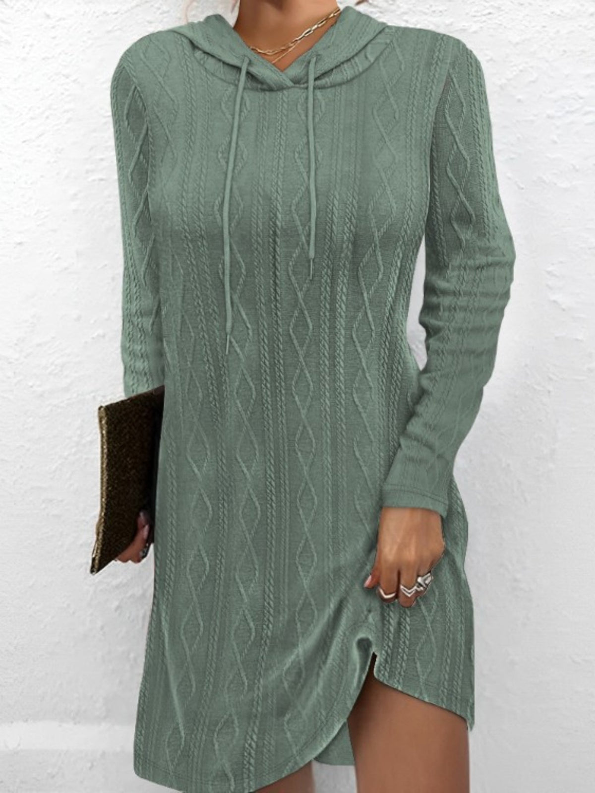 Textured Drawstring Hooded Dress, Casual Long Sleeve Above Knee Dress