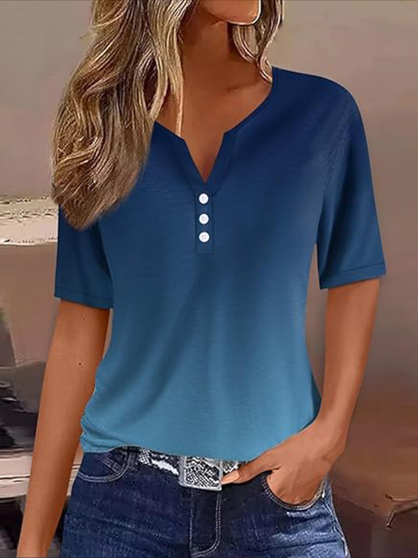 Ombre Fake Buttons Notched Neck T-shirt, Casual Short Sleeve Top