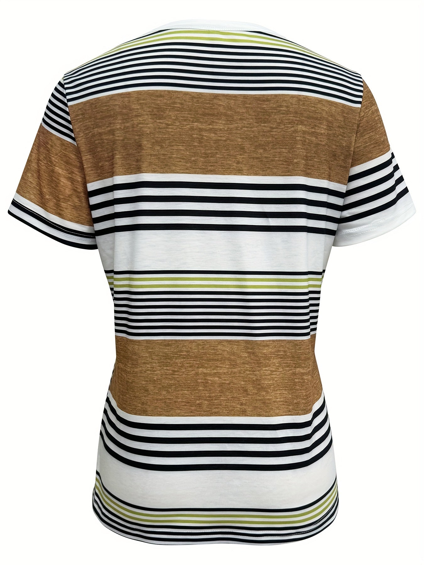 Button Front Vibrant Striped Short Sleeve Crew Neck T-Shirt