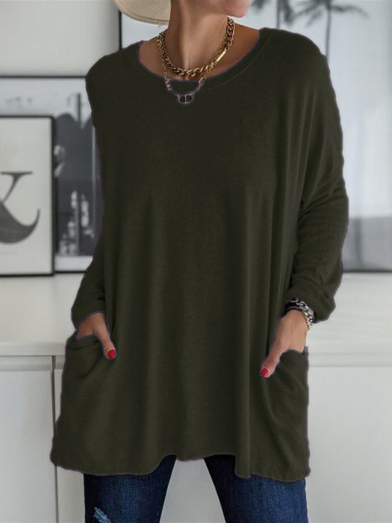 Solid Color Pocket Long Sleeve Crew Neck Top
