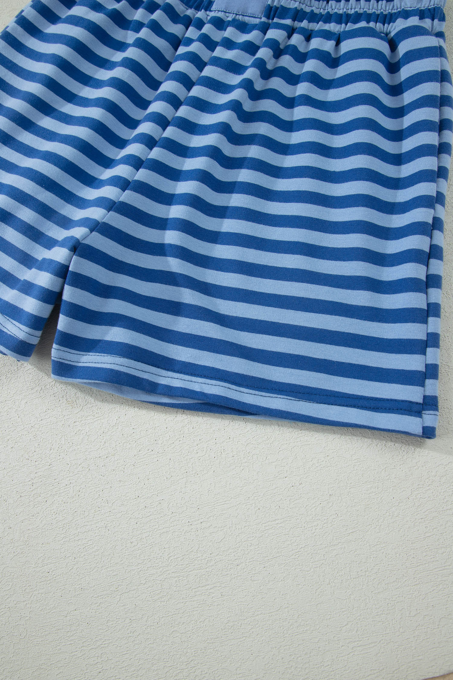 Blue Stripe Striped Ribbed Cotton Two-Piece Short Set with Chest Patch Detail