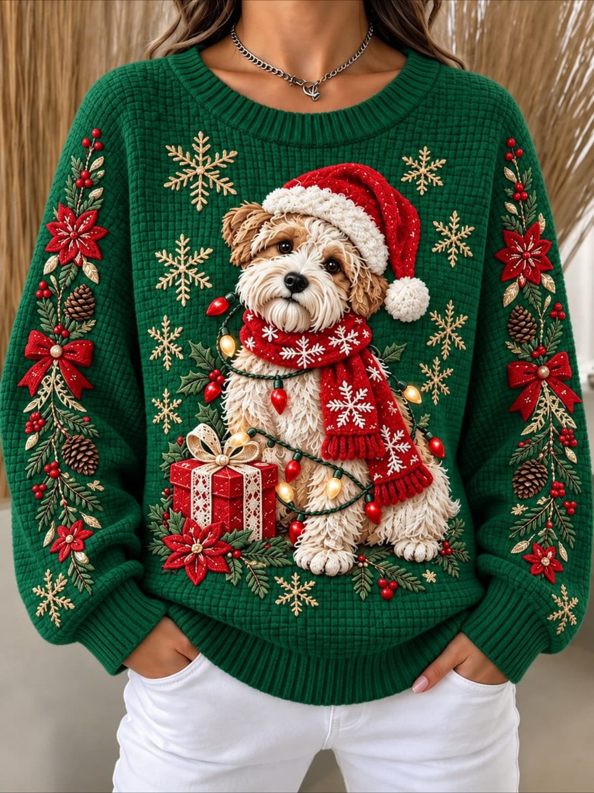 Christmas Dog Print Waffle Knit Sweatshirt